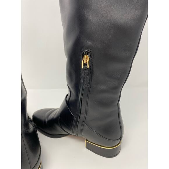 Tory Burch Sofia Riding Boot 6.5, Tall Black Leather Gold Buckle - Picture 2 of 6